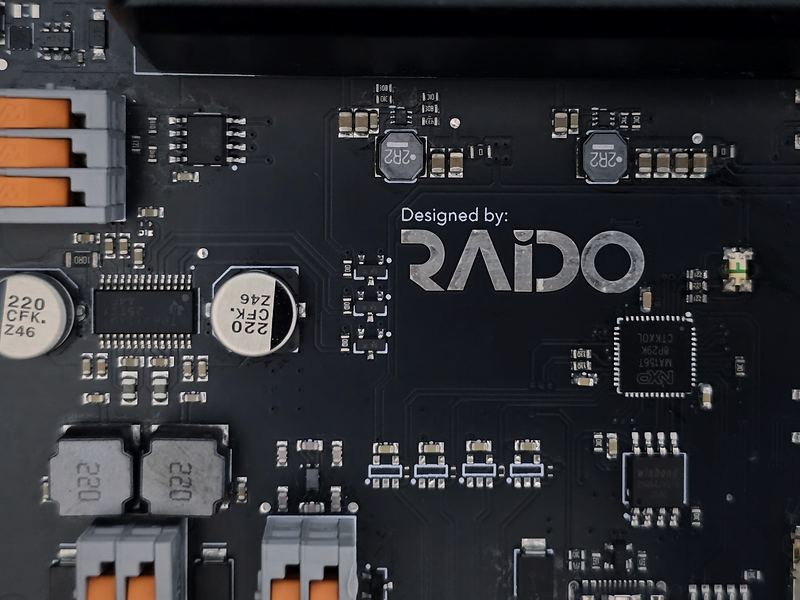Raido Electronics Telephone board, detail of the Designed by RAIDO silkscreen and the terminal blocks