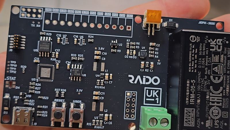 Raido Electronics UK1 board with power supply and terminal blocks
