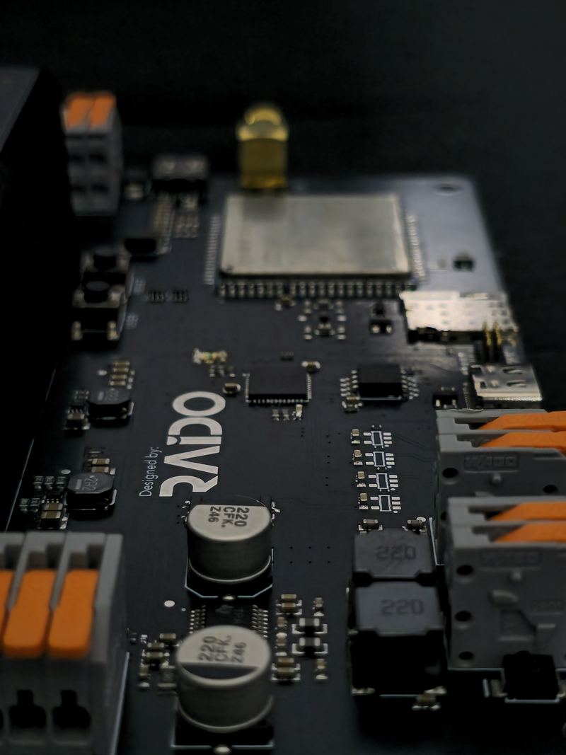 Raido Electronics PCB with cellular module, SMA connector and the Designed by RAIDO silkscreen